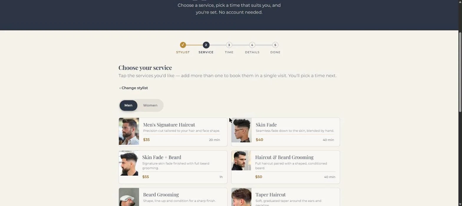 The service step of the booking flow: each cut with a photograph, its price and how long it takes
