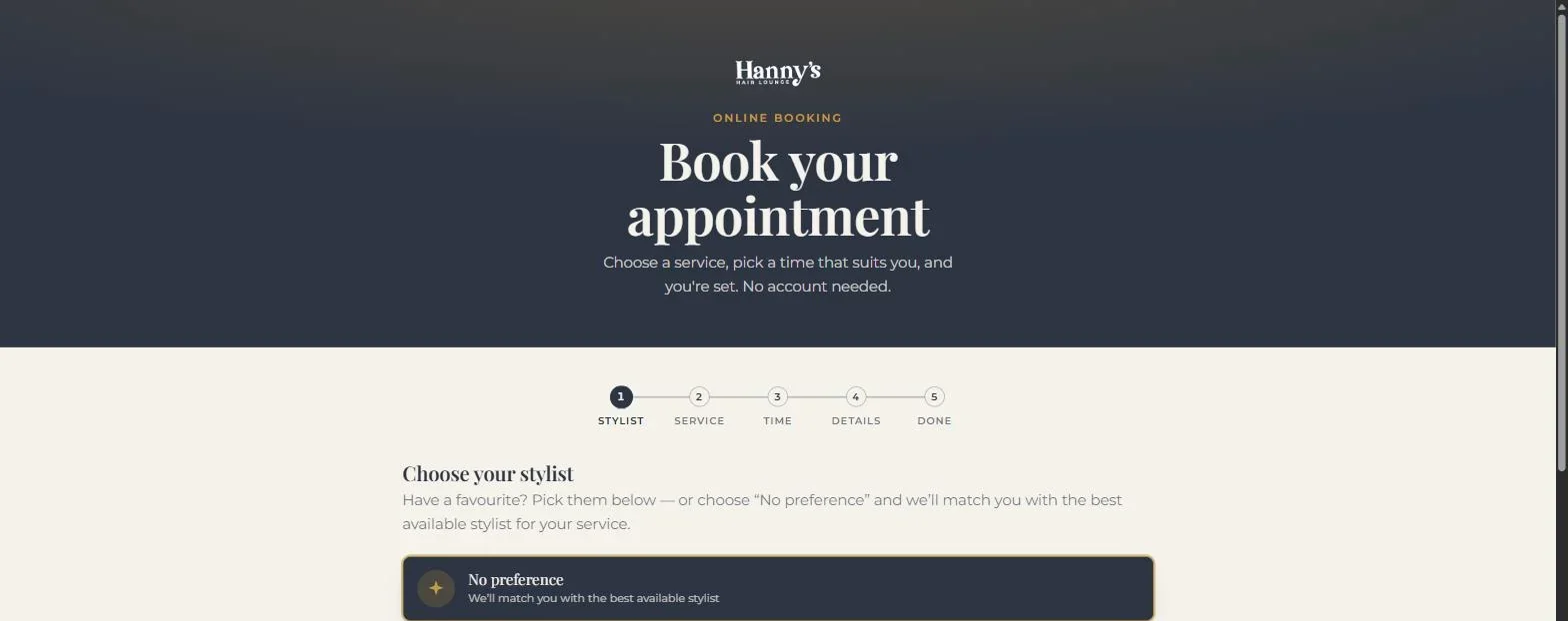 The start of the booking flow, with five numbered steps across the top and the line: choose a service, pick a time that suits you, and you're set, no account needed