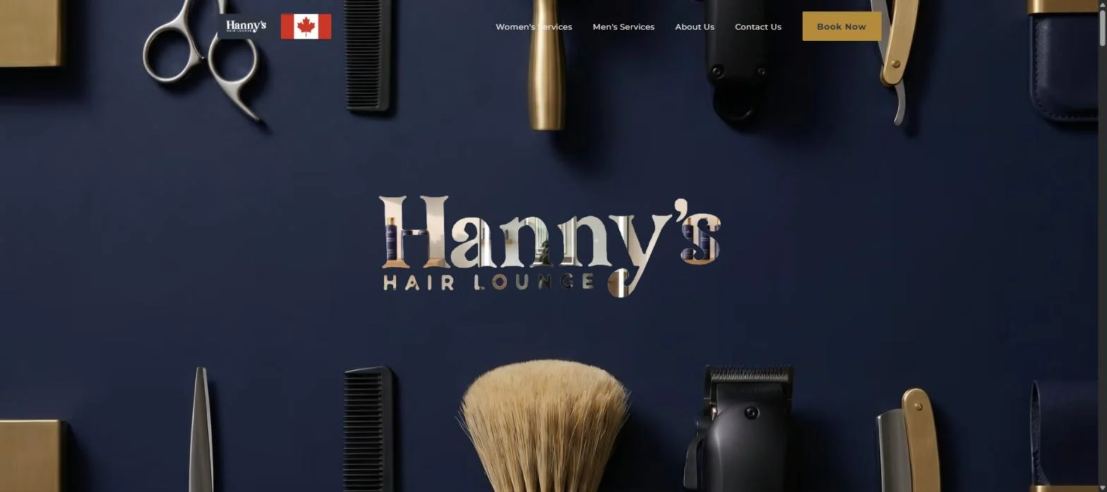 The salon's home page: the shop's wordmark in gold and cream over a dark navy wall of barber tools