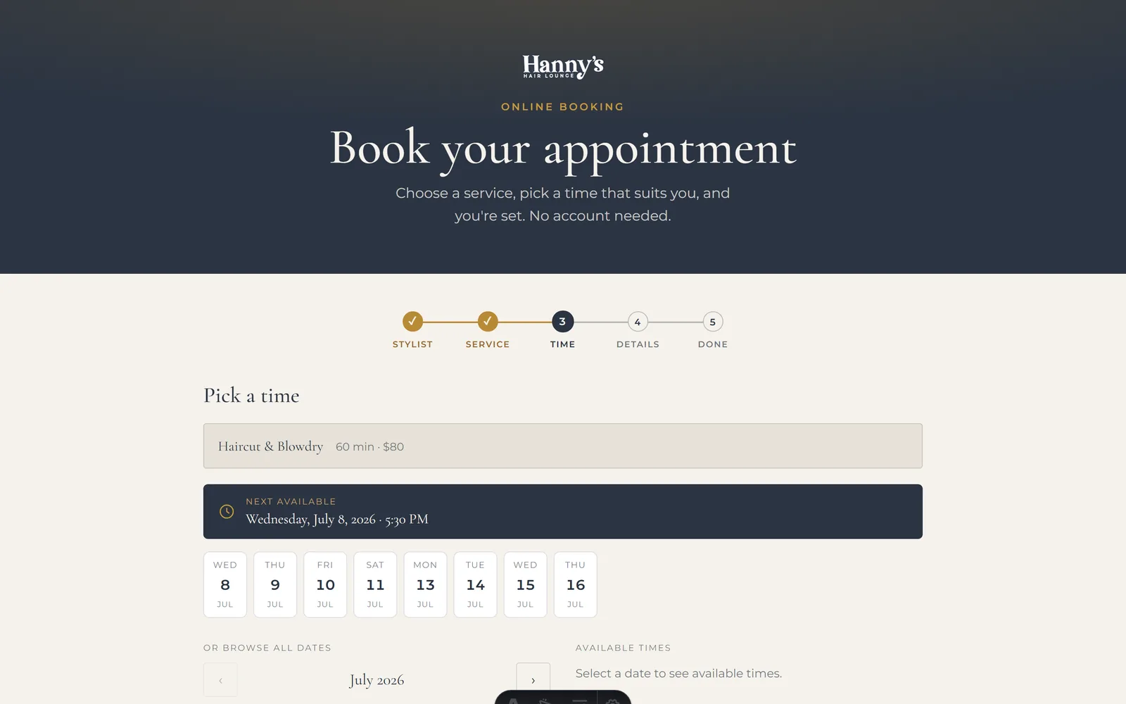 Step 3 · Time: the custom booking engine